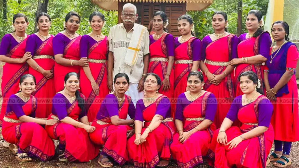 A group of 14 women performing Kolkali, a traditional dance form, during their grand debut in Eravil, Pilicode.
