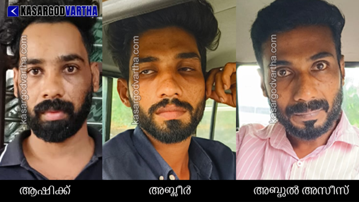  Vidyanagar police officers with the three arrested accused in the attempted murder case.