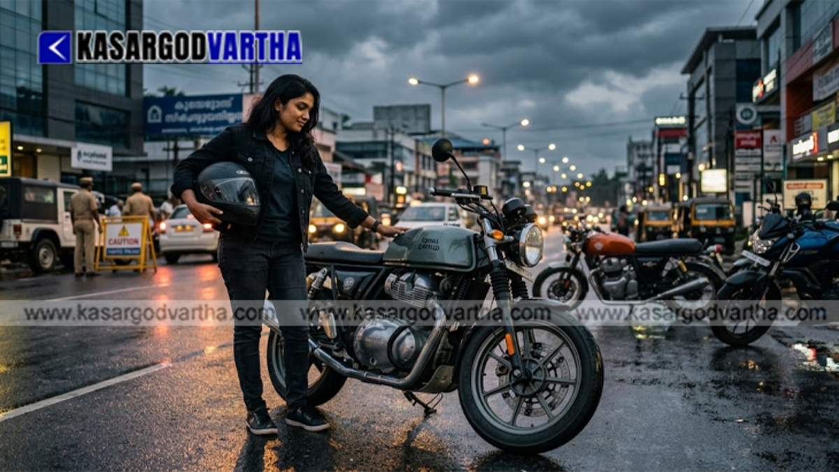 A stylized modified hatchback car and a sports bike parked on a scenic road in Kerala.