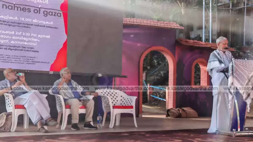  Writer N S Madhavan speaking at the Gaza solidarity event