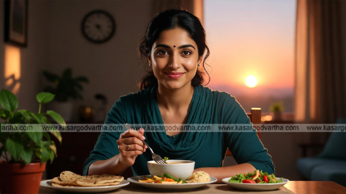 A person having light healthy dinner early in the evening