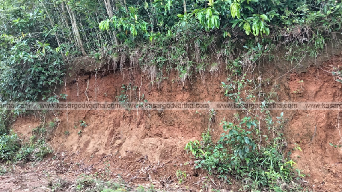 A landslide on the Permude-Munnur road in Kasaragod, with mud and debris covering the road.