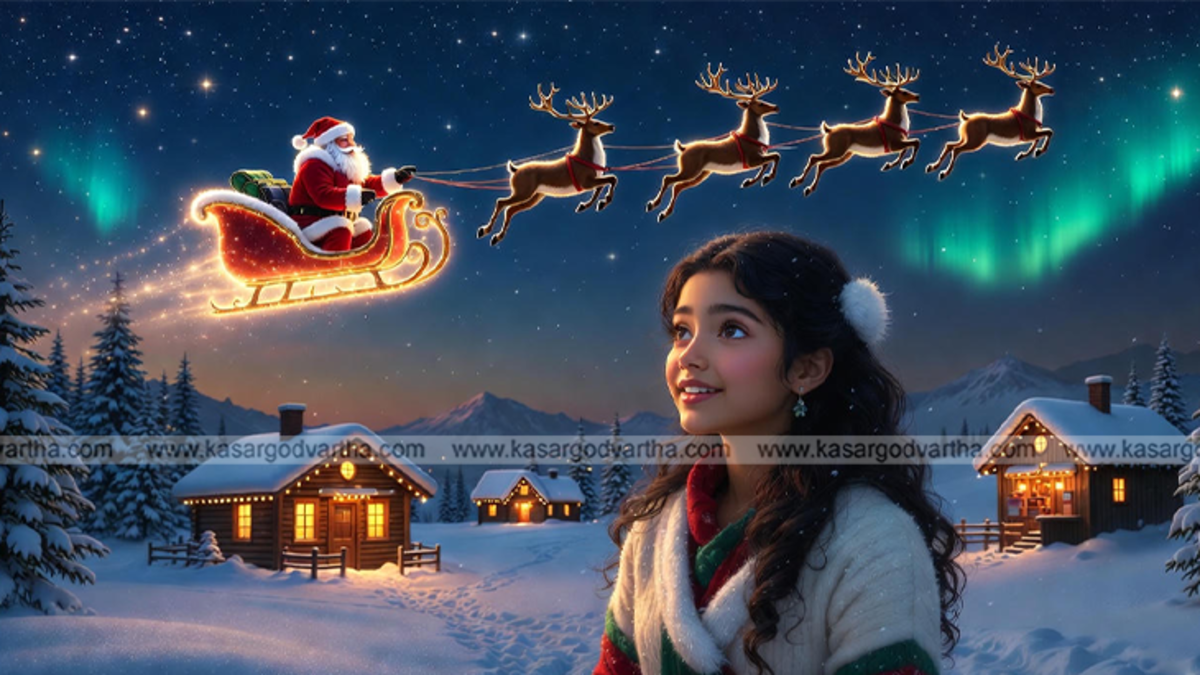 Santa Claus flying with reindeer in a sleigh during Christmas