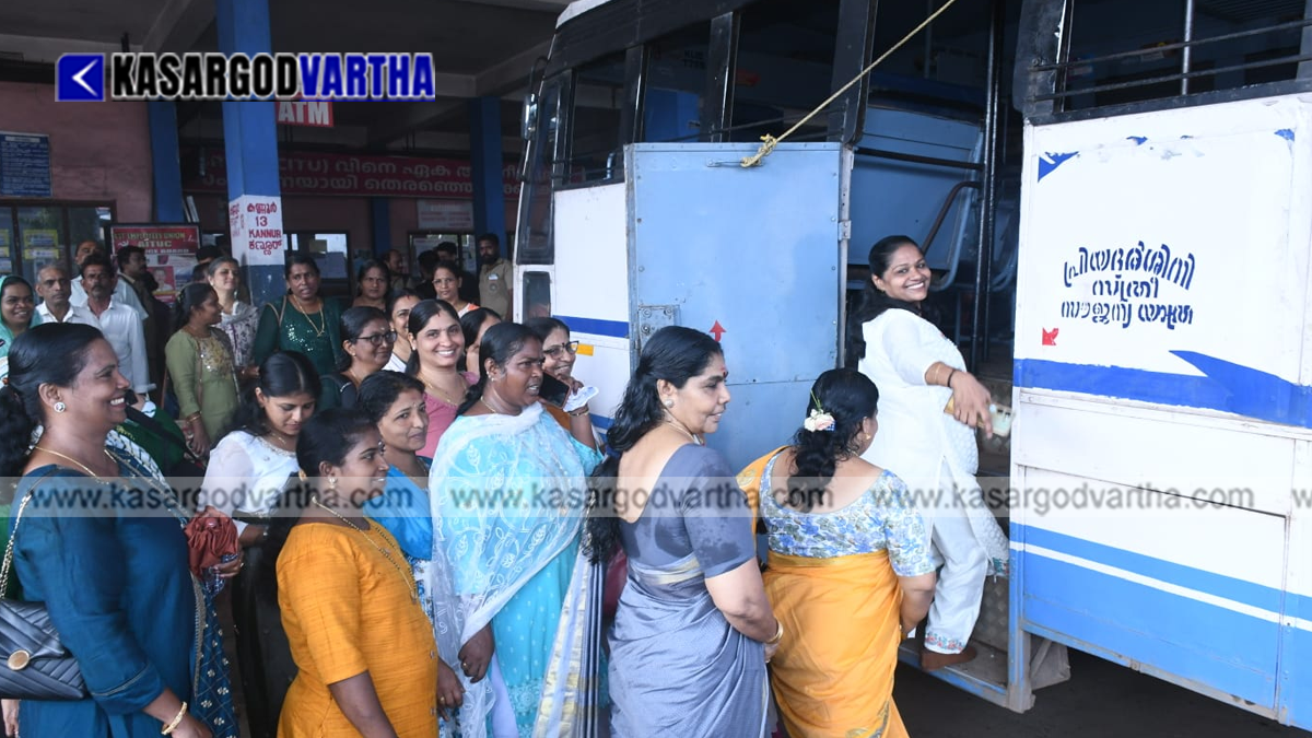 Priyadarshini scheme sticker on an interstate bus.