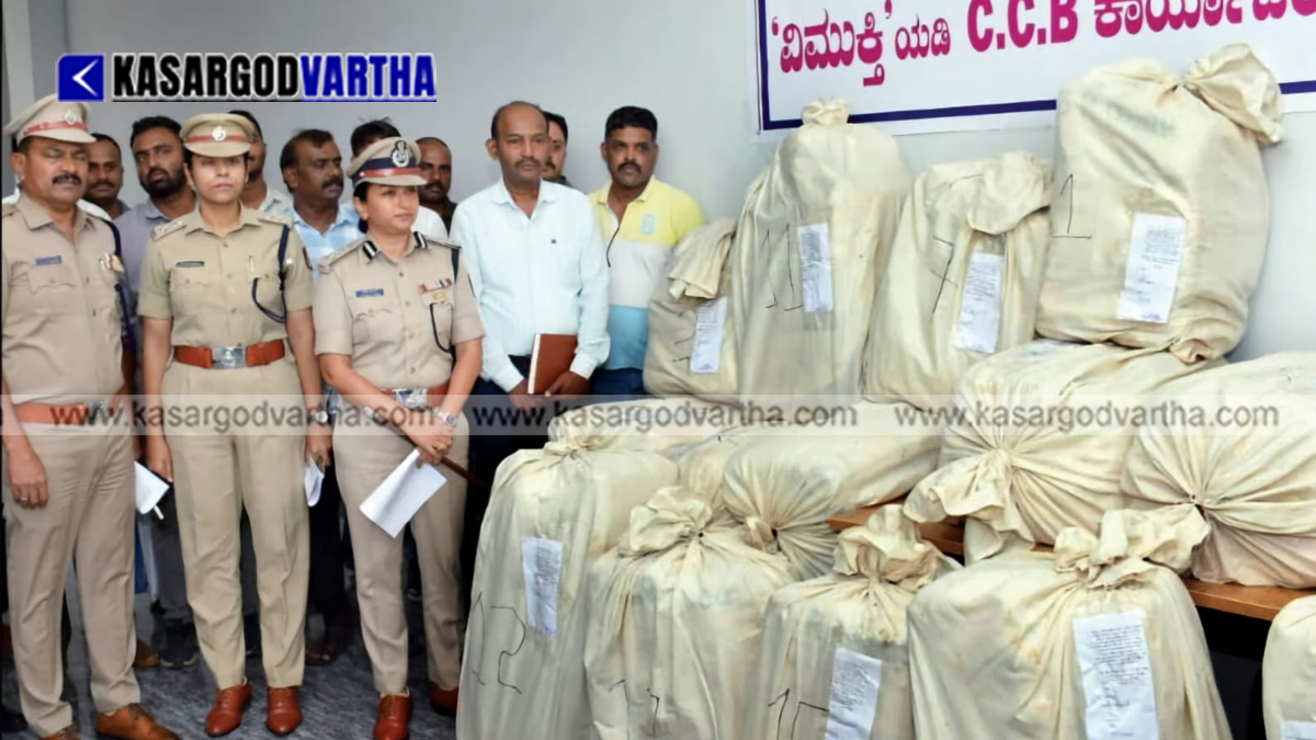 Police officials with the seized packages of ganja in Mysore.