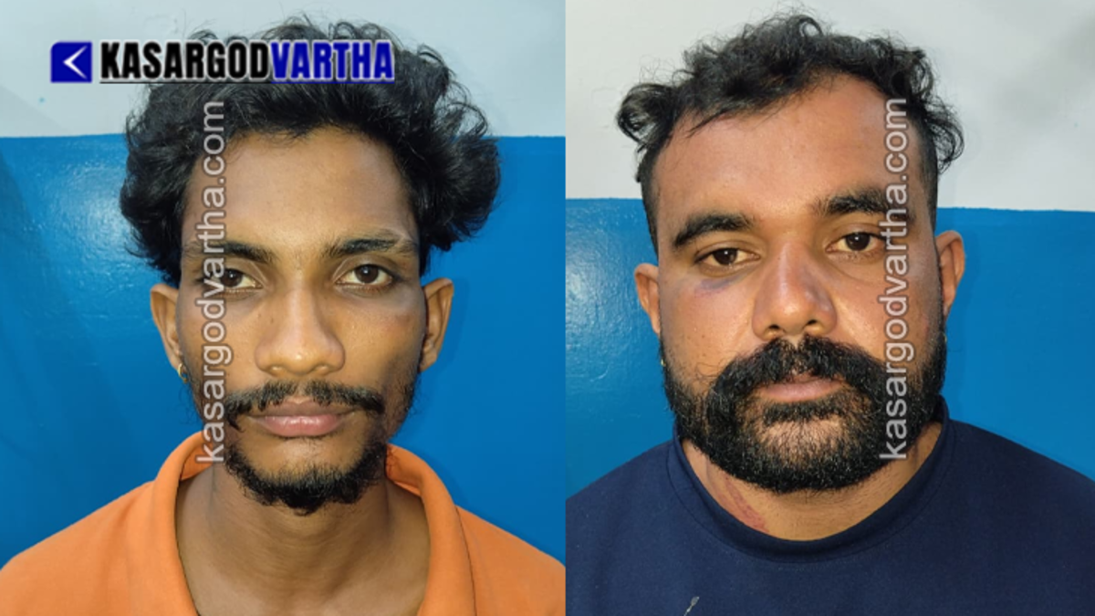 Badiyadka police team with the handcuffed murder suspects Kiran and Akhilesh after arresting them from Karnataka.