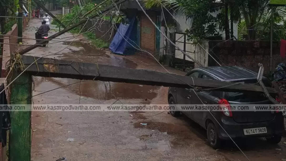 Fallen electricity poles and damaged wires in Keezhur after a strong windstorm.