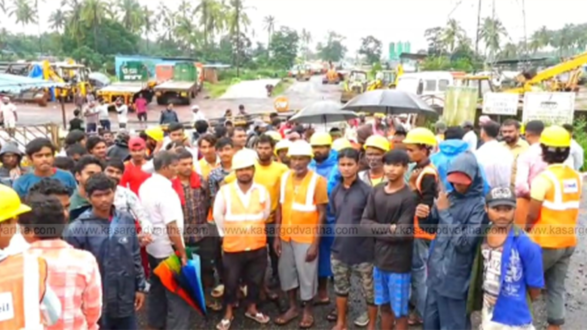 Megha Constructions workers striking at Kasaragod national highway construction site.
