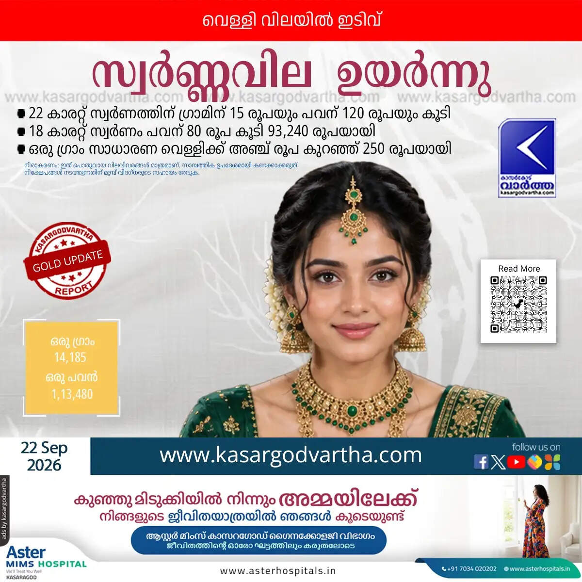 gold price rises kerala september 22 2026 sovereign rate