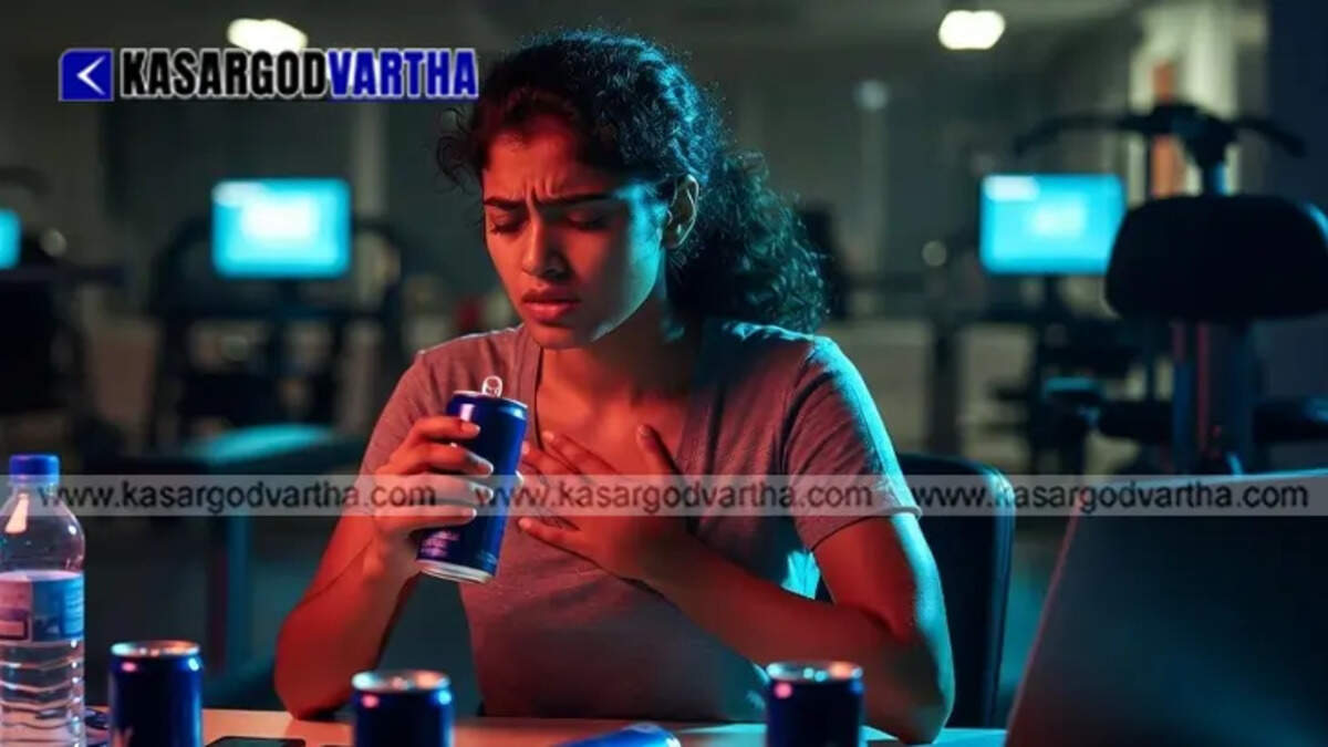 A person holding an energy drink can with a medical graphic representing heart stress
