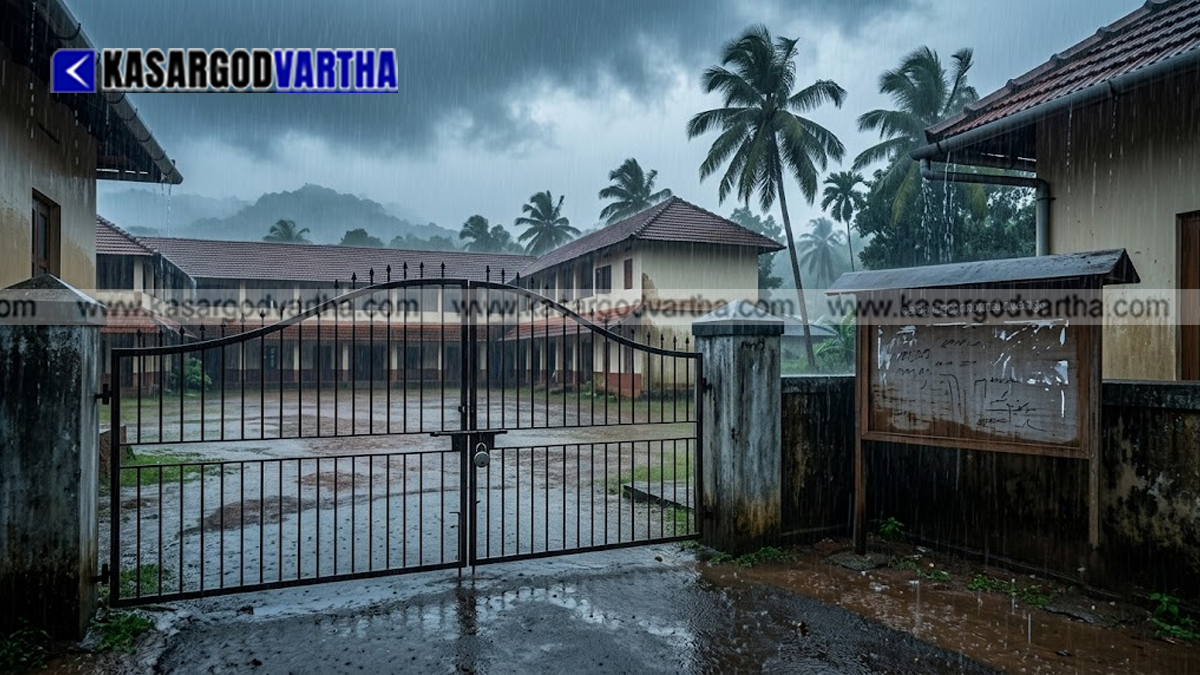 Students walking in heavy rain with umbrellas