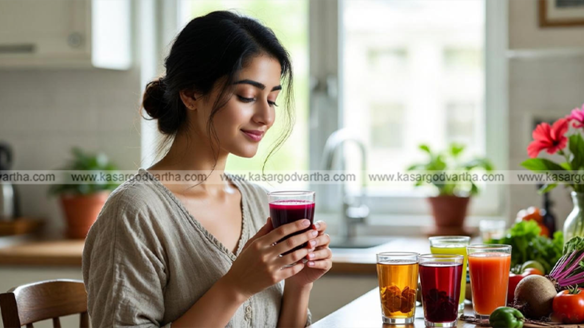 Three glasses of morning drinks: Beetroot juice, Hibiscus tea, and Tomato juice.