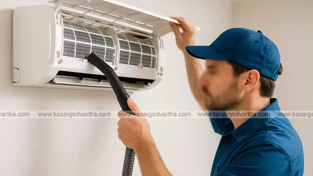 A person cleaning an air conditioner filter, emphasizing the importance of AC maintenance for health.