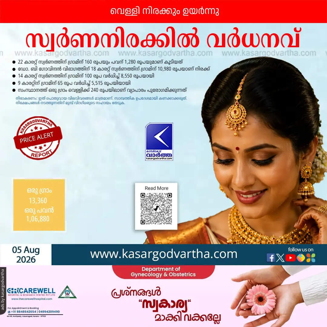 kerala gold price hike 22 carat reaches 106880 august 5