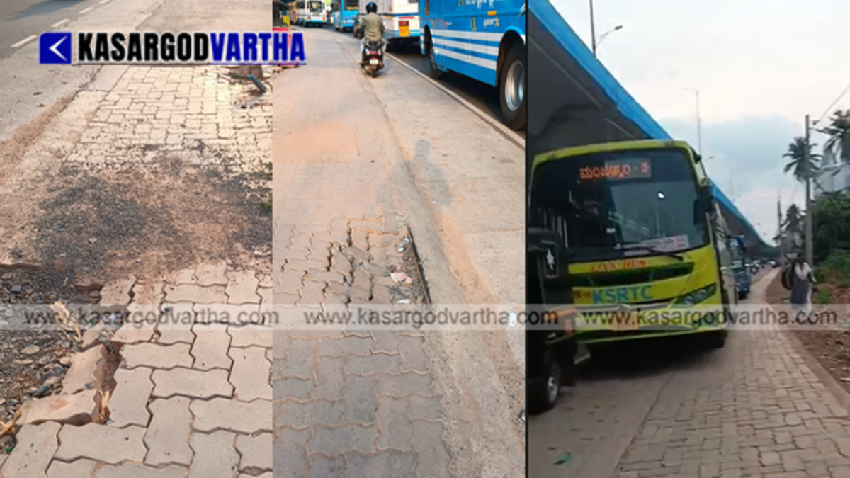 A close-up shot of a poorly constructed interlocked footpath on the Kasaragod National Highway reach with vehicles parked or driven over it.