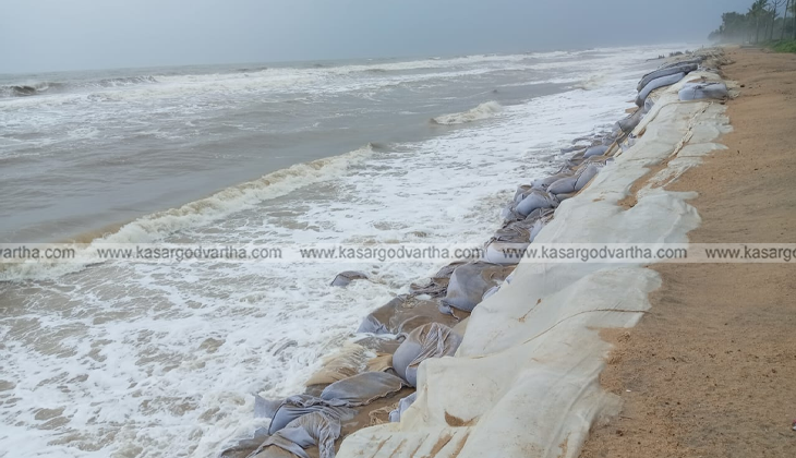 Damaged sea wall and coastal erosion in Kasaragod after heavy sea attack.