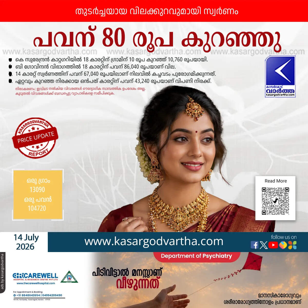 gold price kerala decreased july 14 2026 sovereign rate