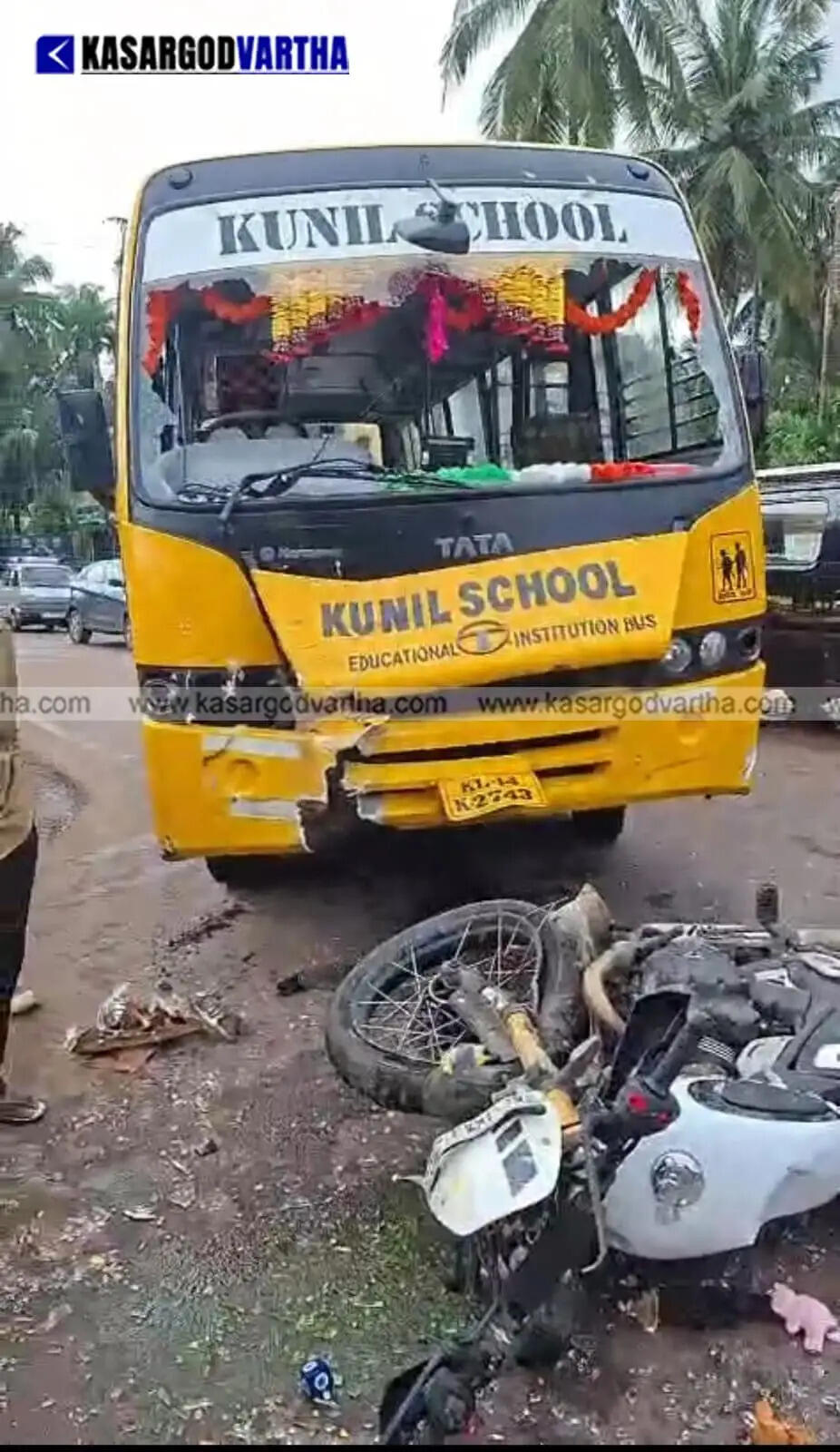 Youth died after school bus collides with bike at Povval Masthikundu in Kasaragod