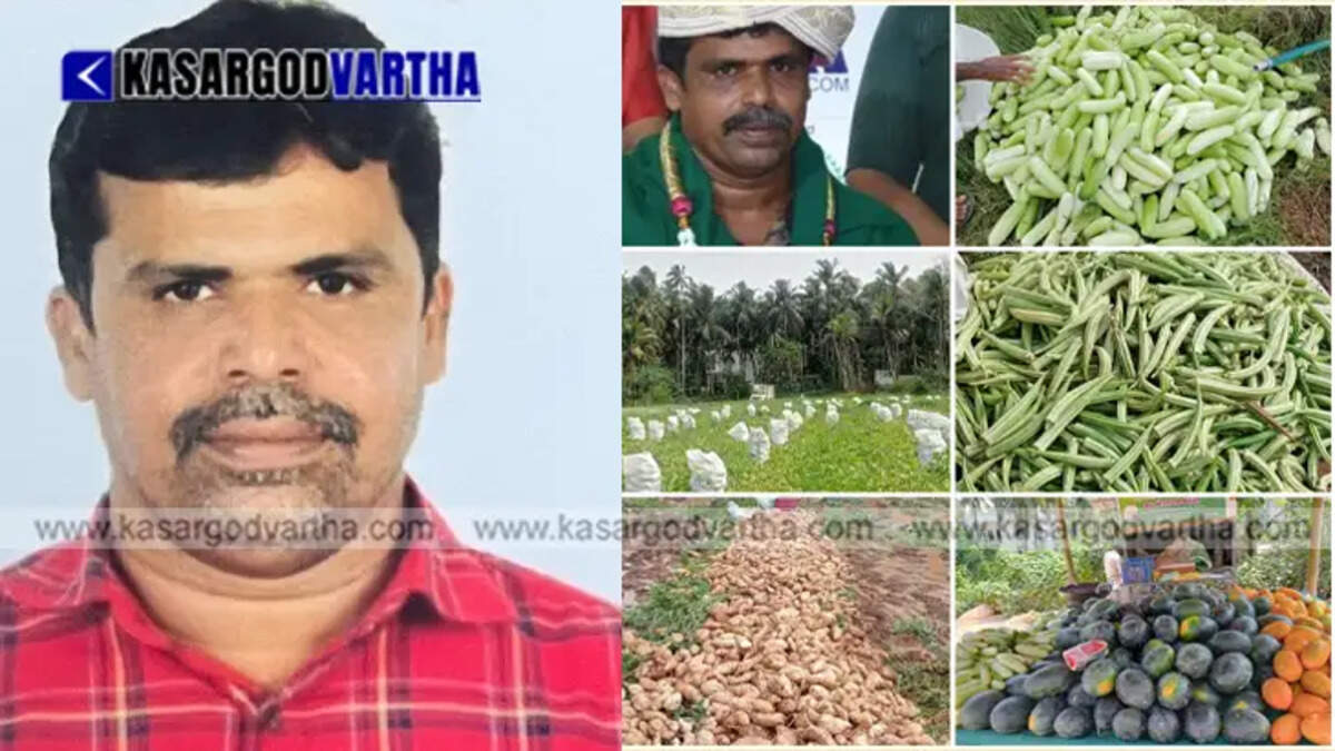 Successful farmer Razak Mogral proudly holding the Vijay Karnataka Best Farmer Award trophy along with dignitaries.