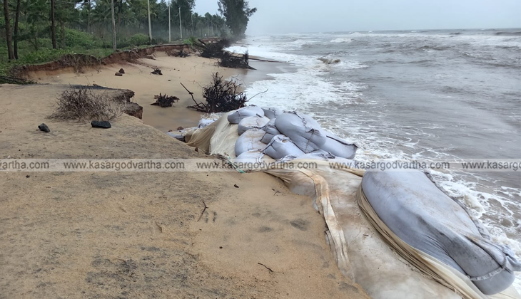 Damaged sea wall and coastal erosion in Kasaragod after heavy sea attack.