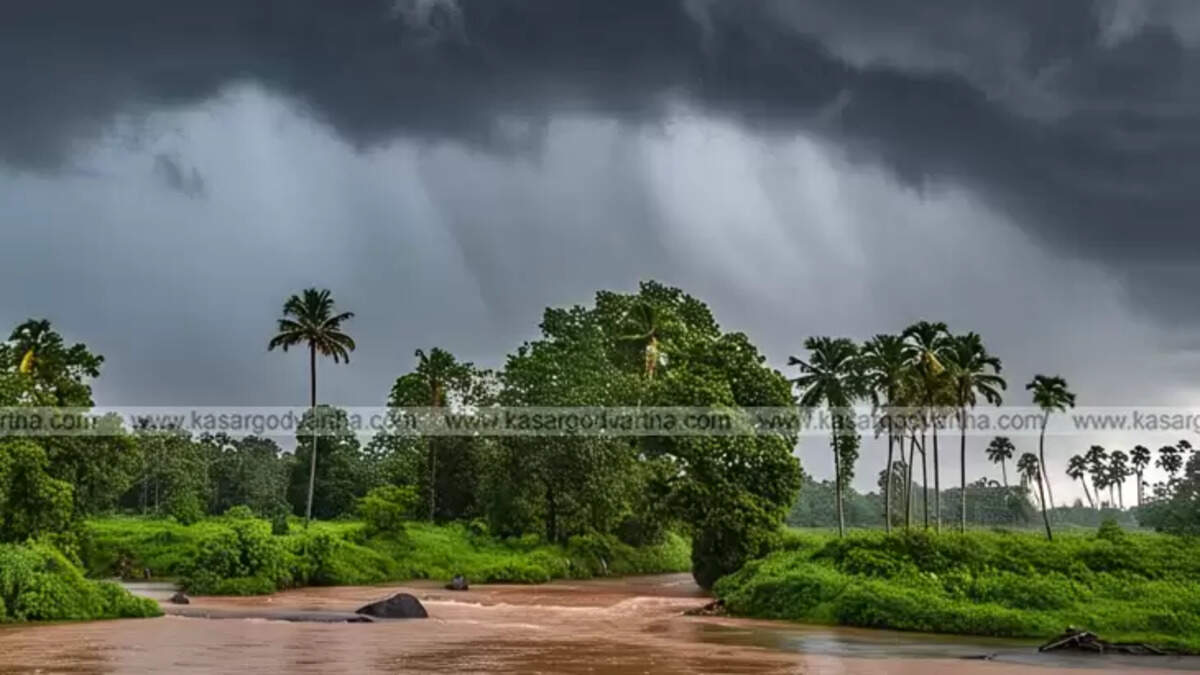 Kerala rainfall alert map showing red, orange, and yellow alerts across districts.