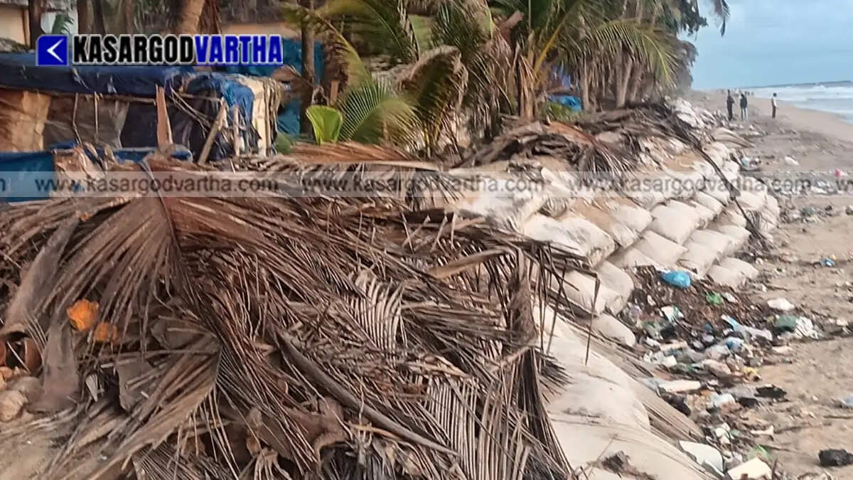 Conceptual image showing strong sea waves hitting a vulnerable coastal area in Kasaragod during the monsoon.