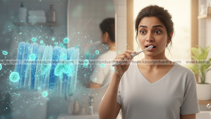 Toothbrush with visible bristles in a bathroom