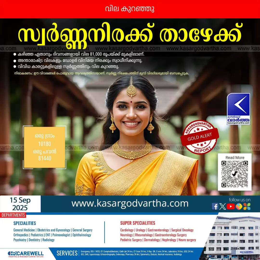 Gold prices drop in Kerala on September 15.