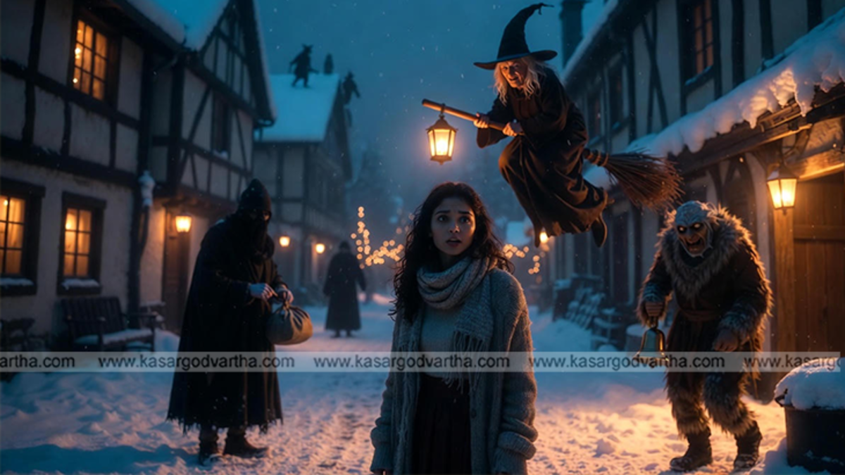 Illustration of various mythical Christmas figures like Belsnickel and La Befana