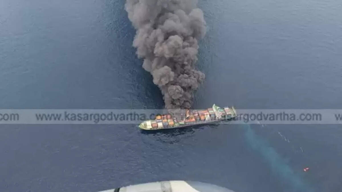 A cargo ship engulfed in flames off the coast of Kerala.
