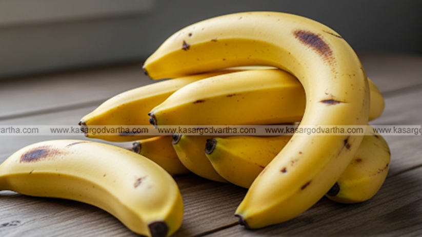 A bunch of bananas, ripe and unripe, next to a person checking their blood sugar.