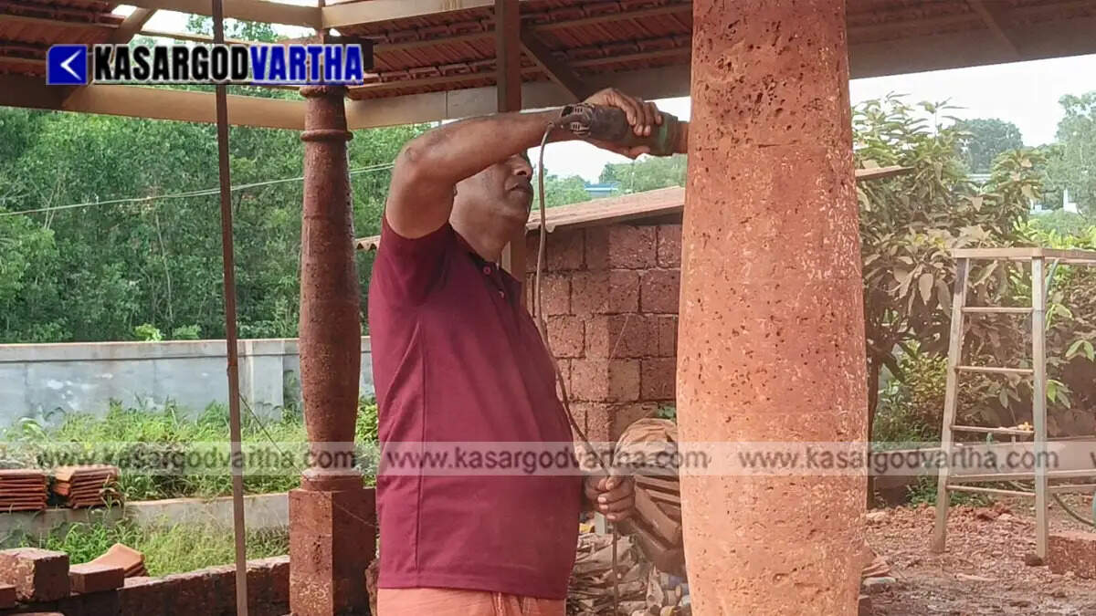 T.V. Prakasan working on a laterite stone pillar