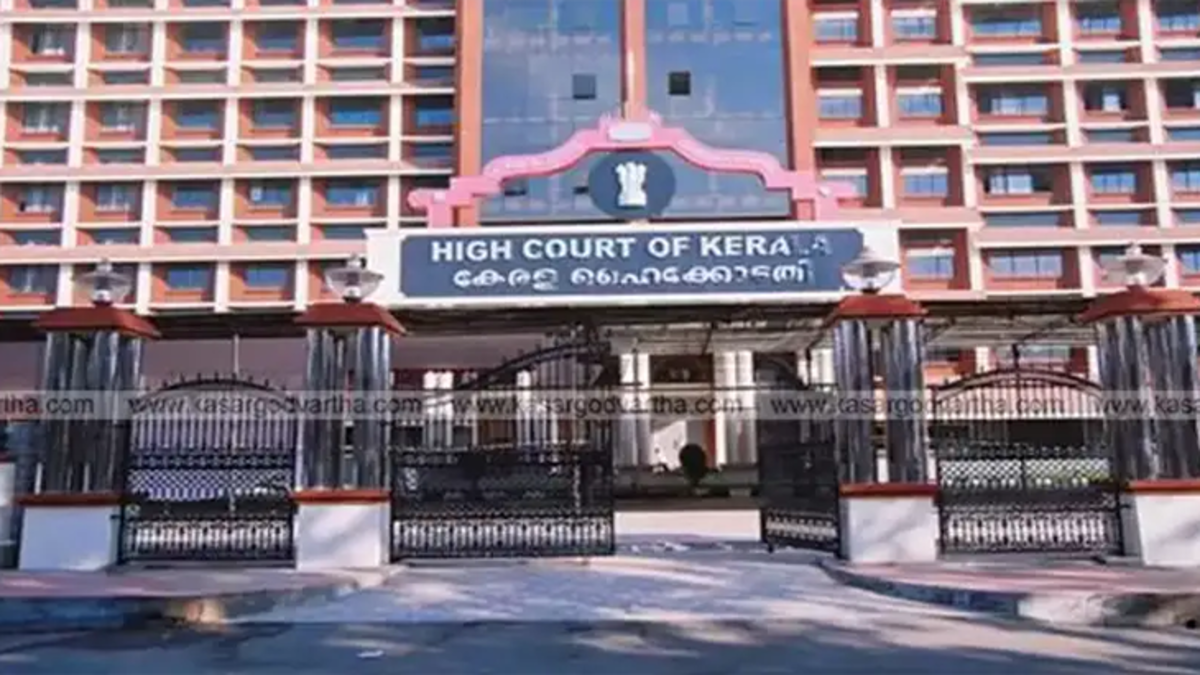 Kerala High Court building with legal symbols.