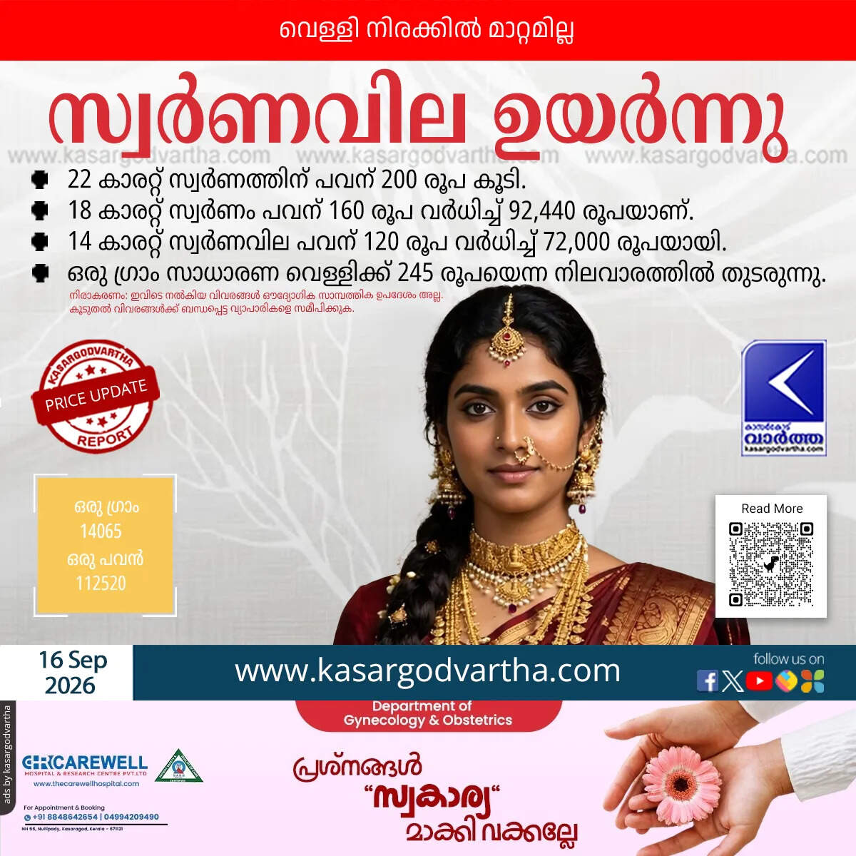 gold price rises kerala september 16 2026 sovereign rate