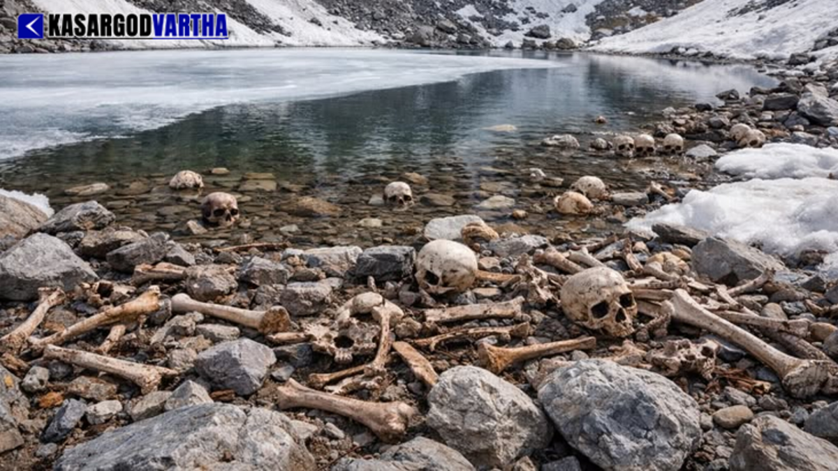 Human skeletons and bones scattered around the edges of Roopkund lake in the Himalayas.