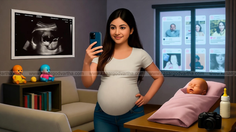 Woman with a fake pregnant belly in front of a mirror (simulated)