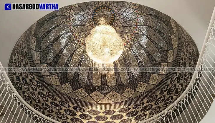 Interior view of the glass dome at Adukkathbayal Muhiyudheen Juma Masjid showing intricate details
