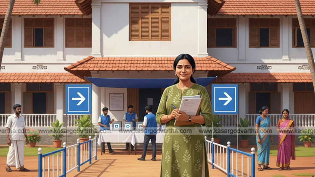 Election officials arranging materials in a classroom polling station