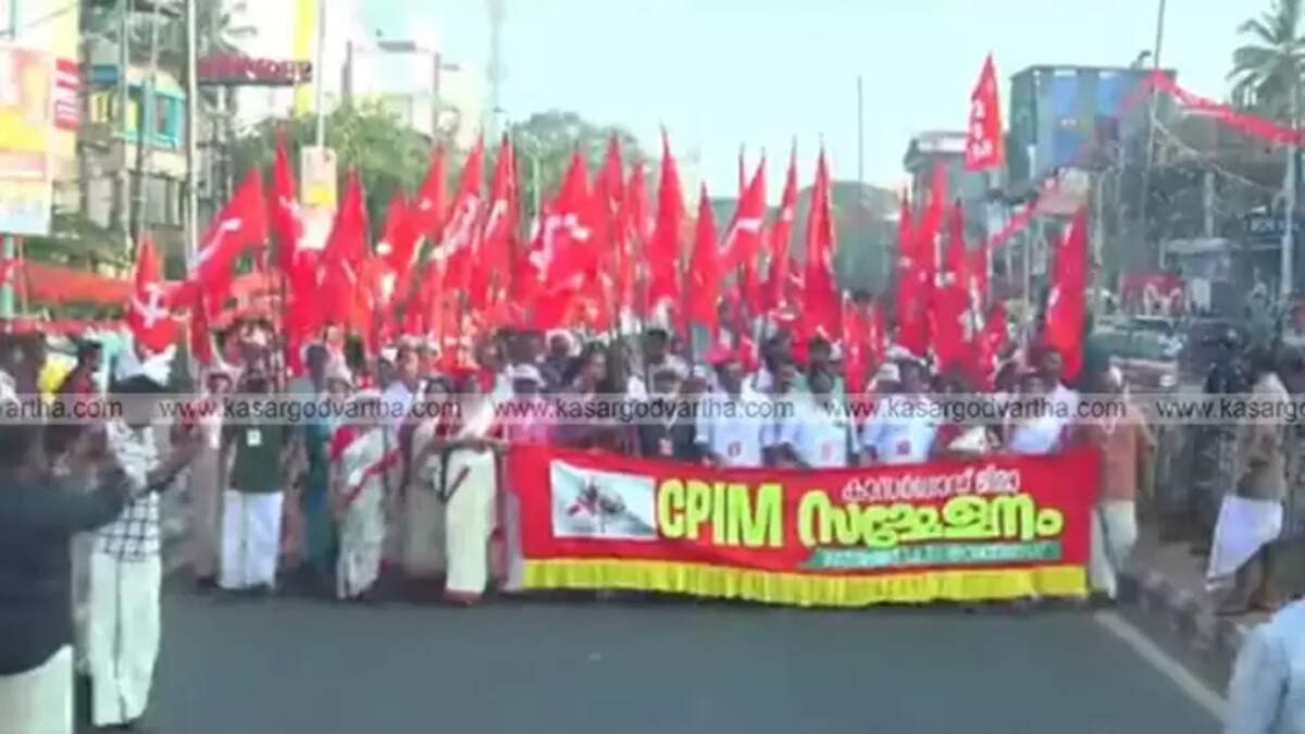 CPM Red Volunteers march in Kanhangad, Kasaragod, during the district conference with thousands of participants.