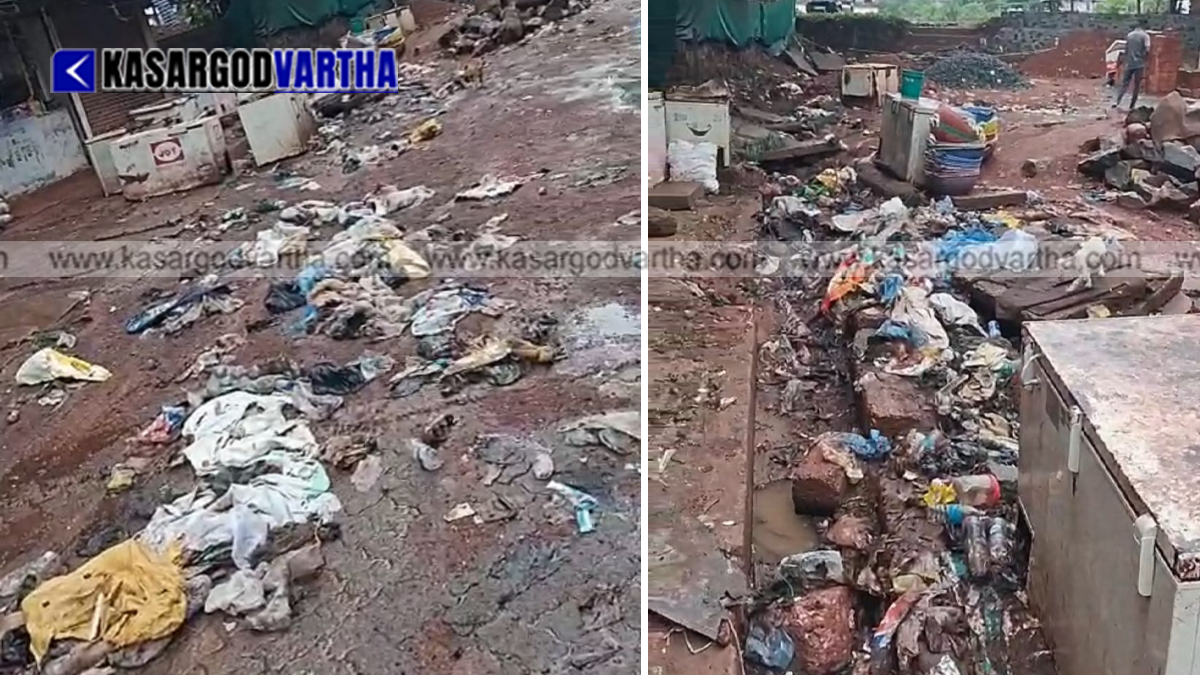 Conceptual image showing plastic waste and waterlogging on a market road in Kumbala during the monsoon.