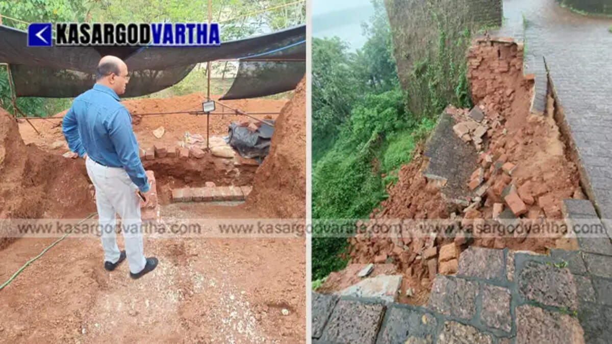 Ongoing restoration work of the collapsed south-east wall of Bekal Fort by the Archaeological Survey of India.