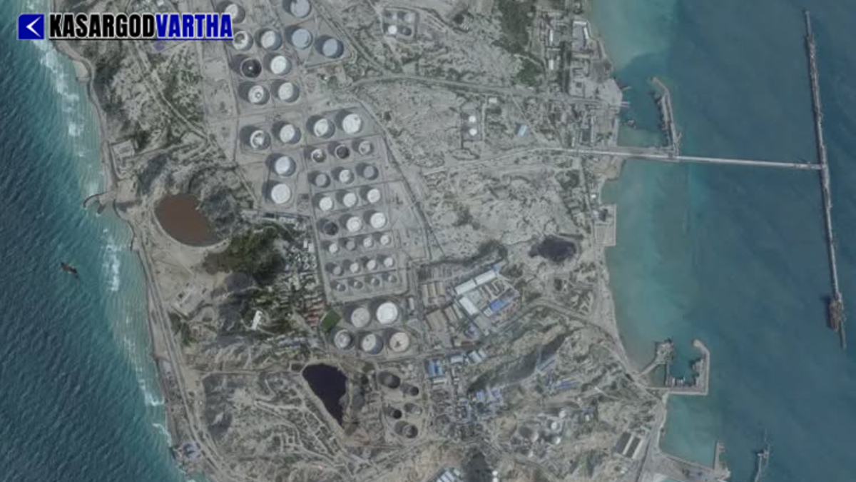 Aerial view of Kharg Island with oil storage tanks and pipelines