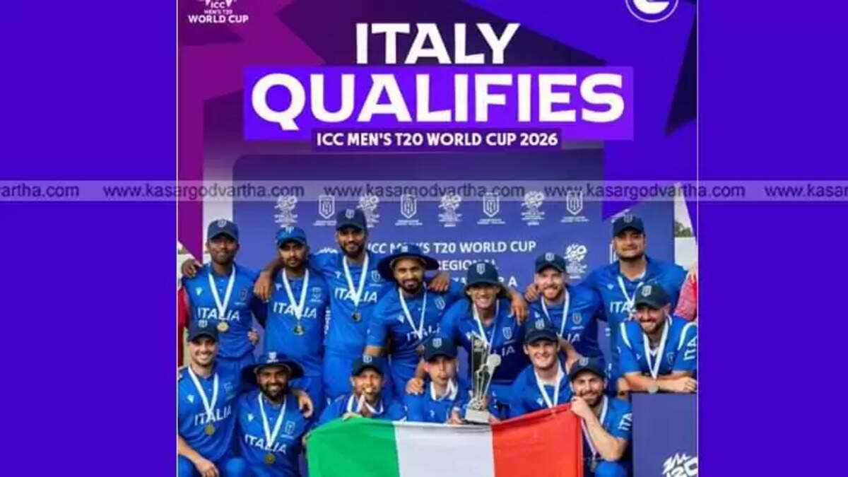 Italy cricket team players in blue jersey celebrating a win.