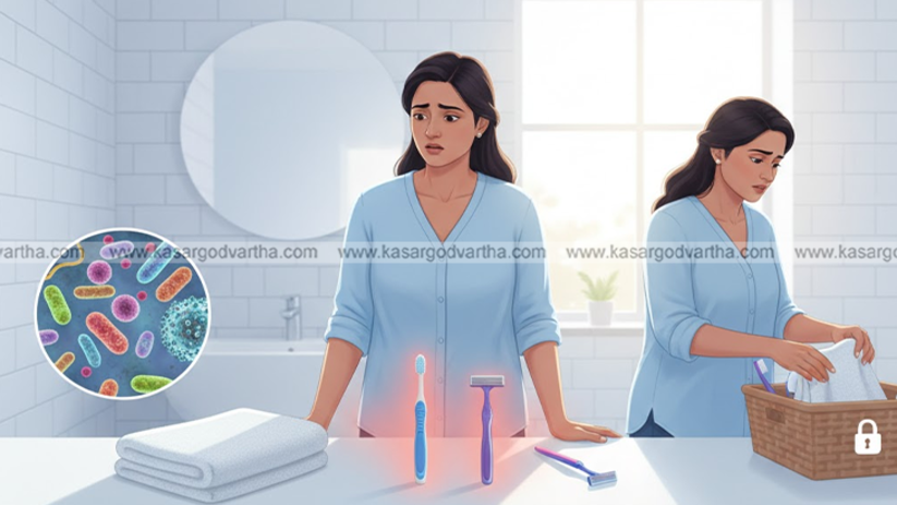 Towel, toothbrush, and razor with a bacteria warning symbol