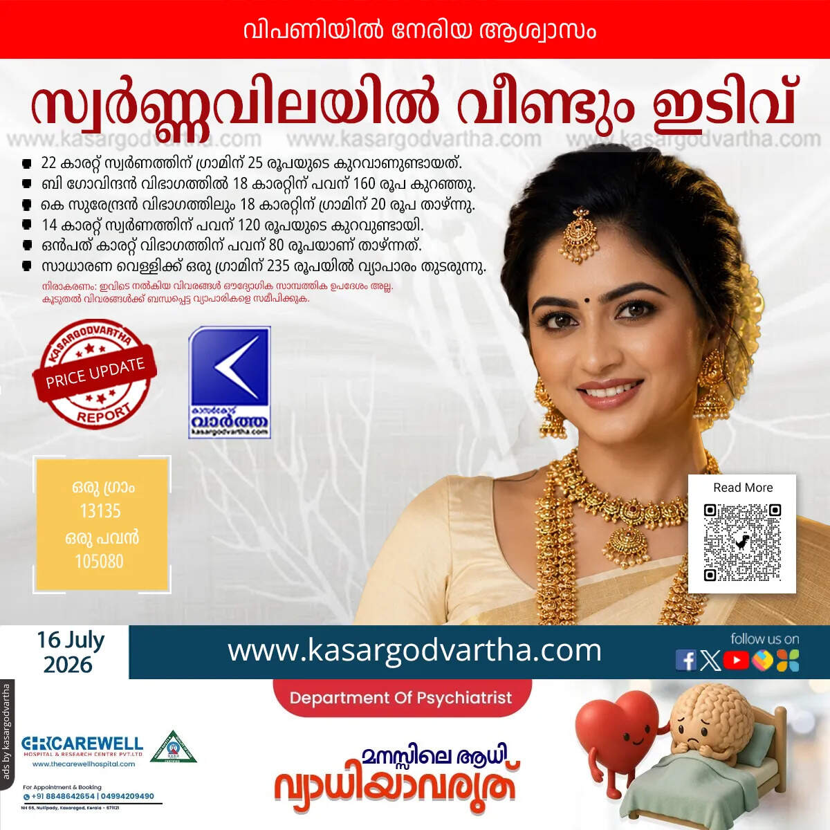 gold price kerala decreased july 16 2026 sovereign rate