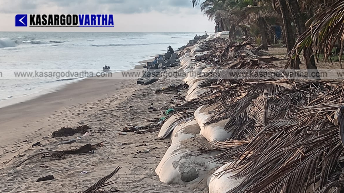 Conceptual image showing strong sea waves hitting a vulnerable coastal area in Kasaragod during the monsoon.